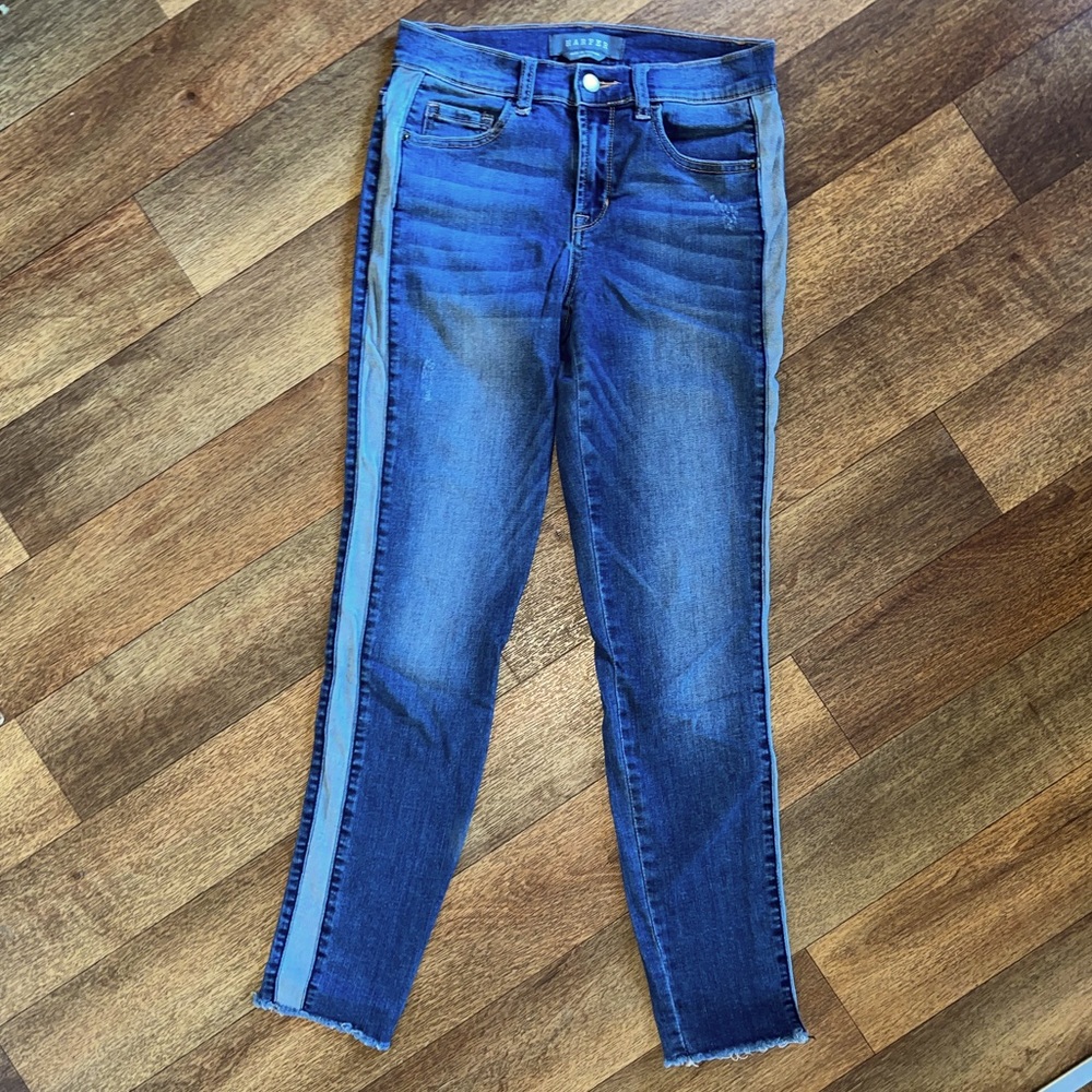 Harper blue skinny jeans with light stripe down side of leg size 27